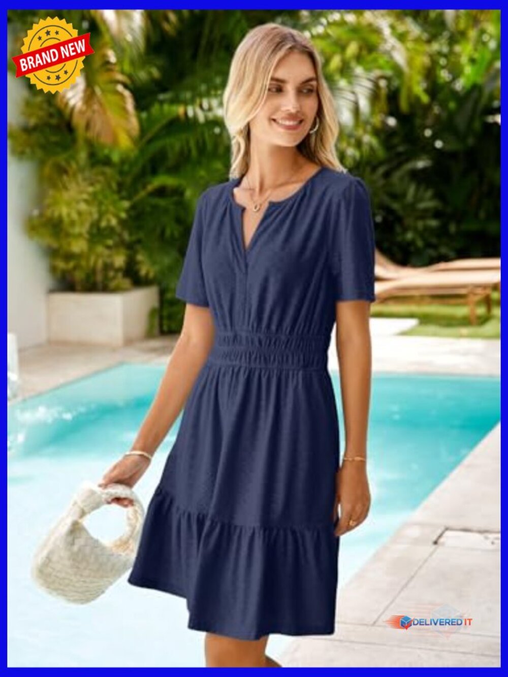A-Line Mini Dress with Pockets Eyelet Short Sleeve Casual Summer Dress - Picture 4 of 7